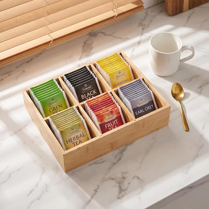 2 Pack Bamboo Small Desk Drawer Organizer with Adjustable Dividers, Wood Snacks and Tea Bag Organizer for Office, Bathroom, Makeup, Jewelry