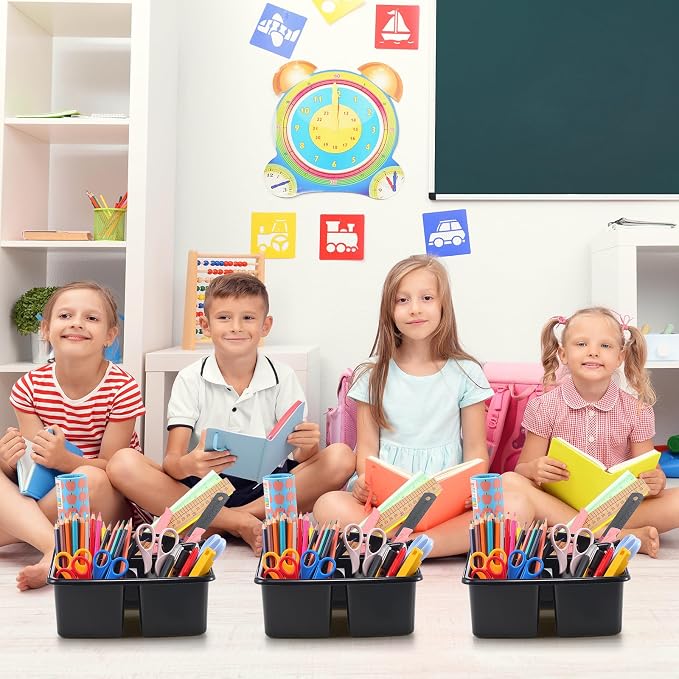 Threehoney 12 Pack Classroom Caddy Storage Basket with Handle 3 Compartment Plastic Storage Caddy Bulk for Arts Office Crafts Pencil Crayon Marker School Supplies(Black)