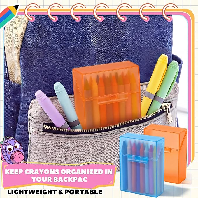 Clabby 4 Pcs Plastic Crayon Organizer Case for 24 Count Crayons Kids Art Supply Storage Box with Lid, Portable Holder for Classroom Home Travel, Fits Standard 24-Pack Crayon (Blue,Orange)