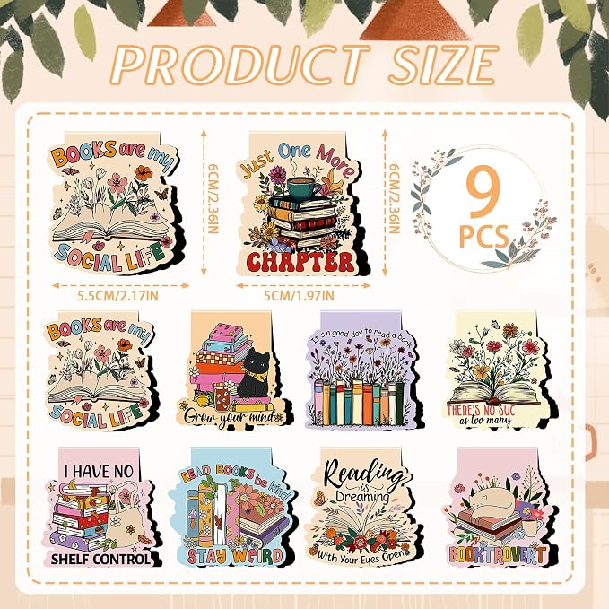 Wxiben Book Lover Magnetic Bookmark - 9Pcs Flower Book Mark Magnets Cute Cat Floral Bookmarks Magnetic Bookish Magnets Book Markers Page Clip Gifts for Women Teen Students Teacher Reading Office