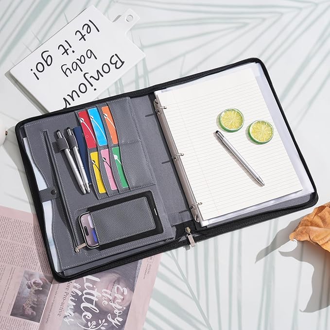 Wonderpool Travel Zippered Portfolio 3 Ring Binder A4 Padfolio Document Case with Removable Clipboard Legal Pad Holder, Business Office School Organizer for Men and Women (Gray)