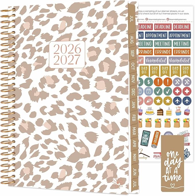 bloom daily planners 2026-2027 Planner - Academic Year (July 2026 - July 2027) Monthly & Weekly Soft Cover Planner for Women - 13 Month Calendar Agenda Book with Stickers - 5.5" x 8.25" - Tan Leopard