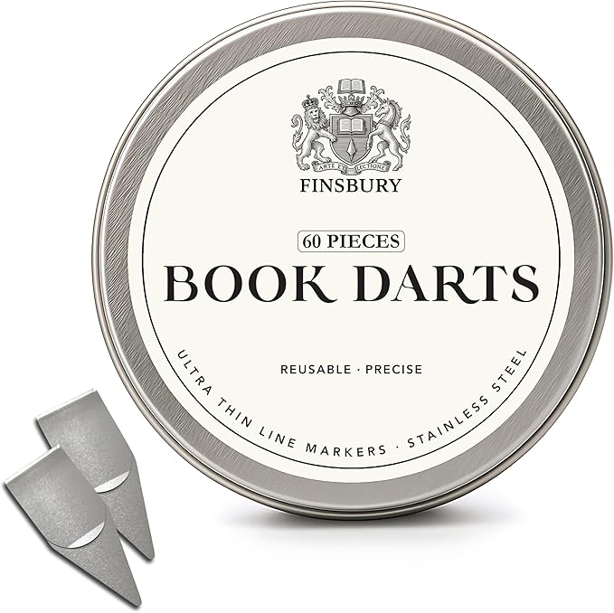 Finsbury Book Darts Stainless Steel Line Markers with Protective Tin - 60 Count - Precision Mini Book Mark Page Markers for Reading and Study - Reusable & Archival Quality (60 Pack)