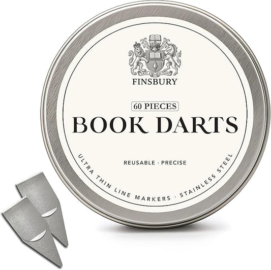Finsbury Book Darts Stainless Steel Line Markers with Protective Tin - 60 Count - Precision Mini Book Mark Page Markers for Reading and Study - Reusable & Archival Quality (60 Pack)