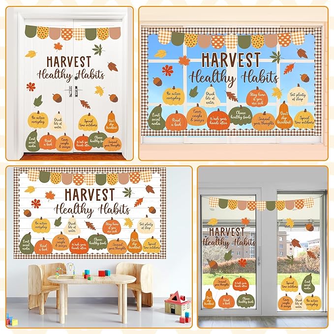 Hearvest Healthy Habits Bulletin Board Set Fall Classroom Decoration Cutouts Pumpkins Leaves Autumn Bulletin Board for School Home Office Chalkboard Whiteboard Wall Window Door Decor Supplies