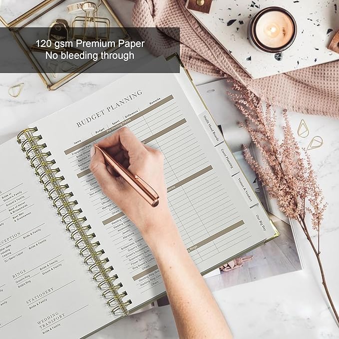 Wedding Planner Book and Organizer for Bride - Elegant Linen Cover Wedding Planning Binder with Checklists,Pockets & Calendars,Perfect Engagement Gifts for Couples(Cream)