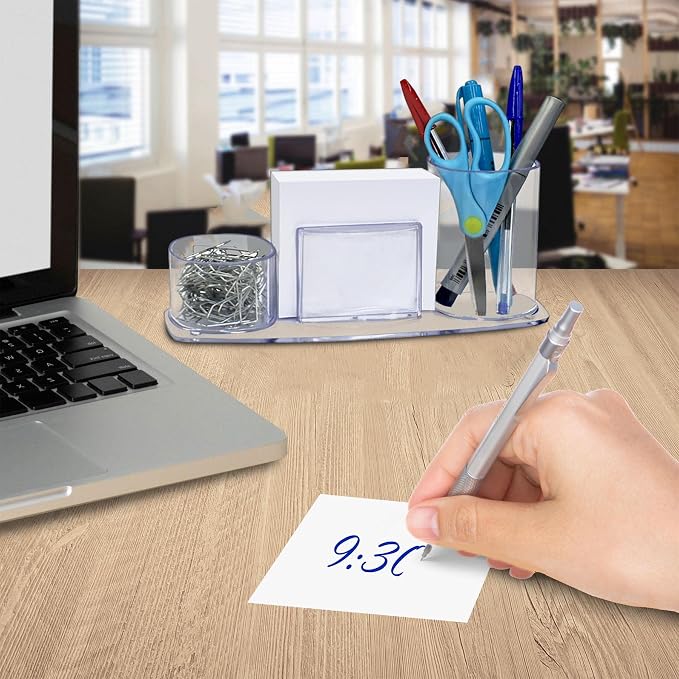 Acrimet Millennium Desk Organizer Cup Caddy – Plastic Desktop Holder for Pen, Pencil, Clips, Desk Accessories & Memo Paper – Includes 200 Sheets of Memo Paper (Clear Crystal Color)