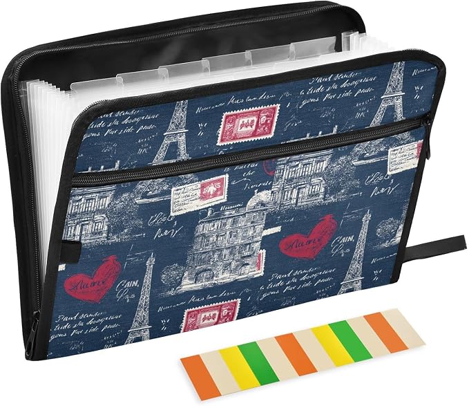 Vintage Paris Navy Blue Accordion File Organizer Expanding Document Folder with 13 Pockets Portable File Folder for A4 Letter Size