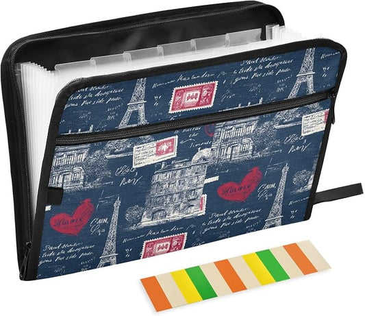 Vintage Paris Navy Blue Accordion File Organizer Expanding Document Folder with 13 Pockets Portable File Folder for A4 Letter Size