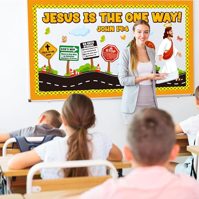 Road Trip VBS Bulletin Board Decoration Set, Christian Construction Sunday School Decorations for Classroom Religious Jesus Road Signs Cutouts Library Church Wall Window Door Decor for Teacher