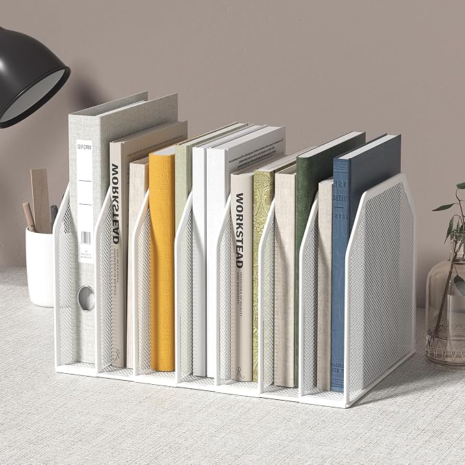 FANXIYQ White 7-Section File Folder Organizer for Desk, Metal Vertical File Holder Stand, Desktop File Organizer Rack for Letter/A4 Folders, Papers, Books, Office Classroom Home