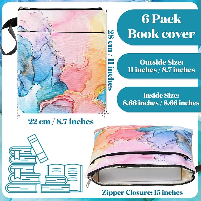 6 Pcs Book Sleeve with Zipper Book Covers for Paperbacks and Laptop Sleeve, Hardcover Marble Printed Pouch Bags for Graduation Women Girl Readers Librarian Accessories Club Gifts, 11 x 8.7 Inch