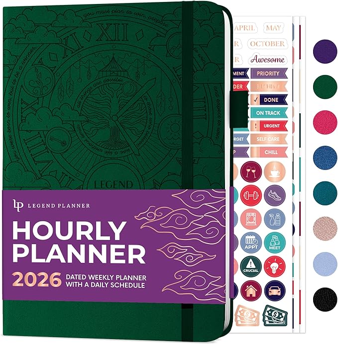 Legend Dated Hourly Weekly Planner 2026 – Daily, Monthly & Yearly Agenda with Time Slots – Hardcover Organizer Journal, 5.8x8.3” (Dark Green)
