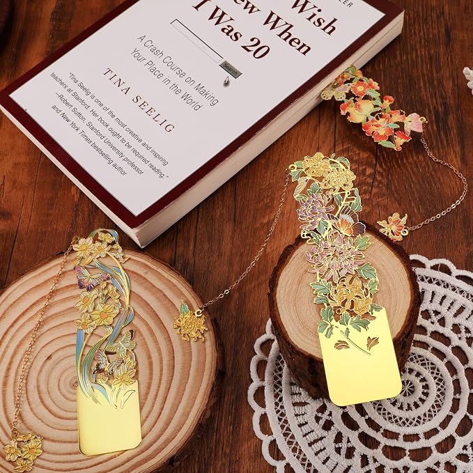 3 PCS Metal Bookmarks - Beautiful Flower Bookmarks, Chrysanthemum, Pomegranate Flowers, Narcissus