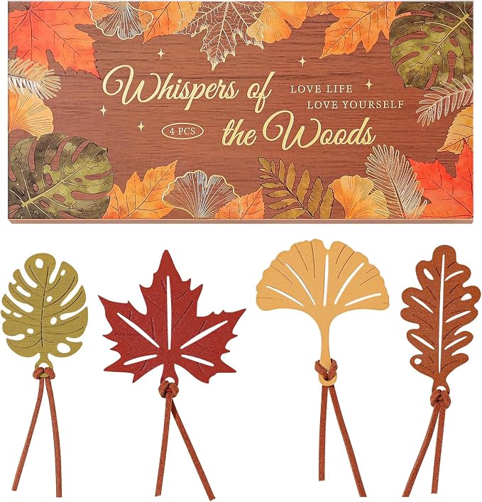 4 Pcs Vintage Wooden Bookmarks Gift Set, Retro Carved Leaf Theme Wood Bookmark with Leather Tassels, Must Have Book Mark Gift Box for Women Girls Readers Book Lovers Writers Teachers Students
