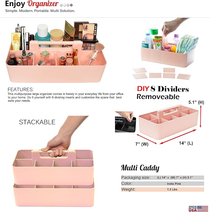 Portable Caddy - Stackable Plastic Organizer with Handle | Desk, Makeup, Dorm, Classroom Art Organizer (Made In USA) (Black/Indie Pink)