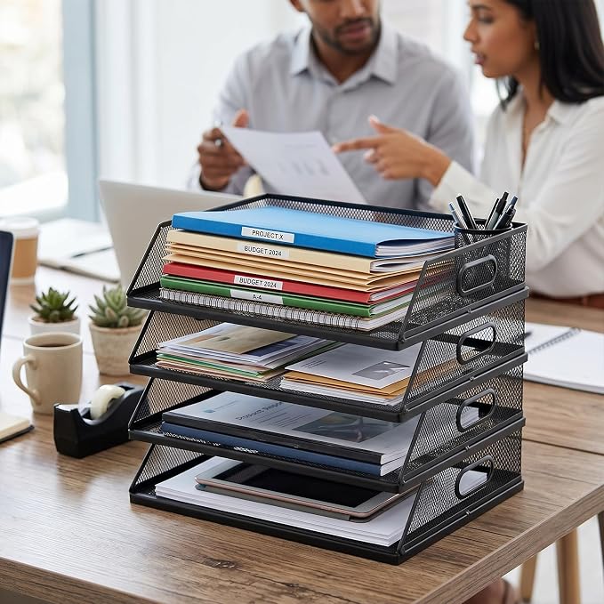 4 Pcs Paper Organizers Metal Mesh Desk Organizer Stackable Desk Tray Single Wire Mesh Organizer Front Load File Paper Holder for Desktop Office Home Classroom School