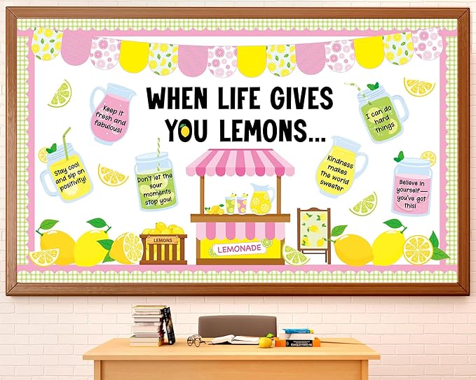 Summer Bulletin Board Set Lemon Theme Classroom Decorations Lemonade Stand Paper Cutouts Summer Bulletin Board Borders for Teacher Back to School Supplies Wall Window Blackboard Door Decor
