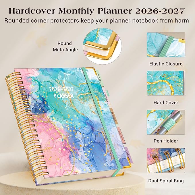 Planner 2026-2027, 18 Months Weekly and Monthly Daily Planner from January 2026 - June 2027, 5.75" x 8.38" A5 Hardcover Agenda Organizer Book 2026 with Tabs, Spiral Yearly Calendar Planners for School Work Home, Pink Blue Marble