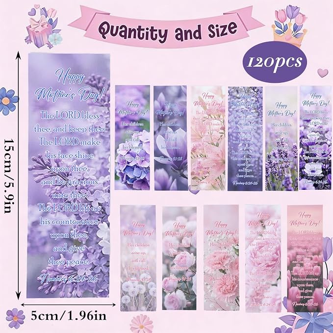 Mothers Day Bookmarks Gifts - 120 Pcs Christian Bible Verse Paper Bookmark Bulk for Church Women Mom Religious Scripture Flower Page Marks Inspirational Happy Mother Gift from Daughter Son