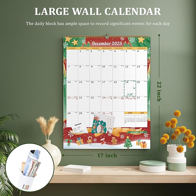 Ospelelf Wall Calendar 2025-2026 Monthly Large Planner with Storage Pocket Protective Cover and Sticker for Family Fridge Office Teacher Student 17" X 22" Season