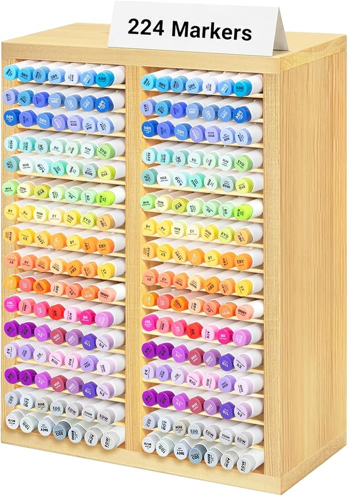 PROLEE Marker Organizer for 224 Markers,Wooden Marker Holder with 32 Slots, Pens Pencils Art Supply Alcohol Markers Storage Organizer for Desk Home Classroom Office Decor(Natural,15“x11”x5.2 “)