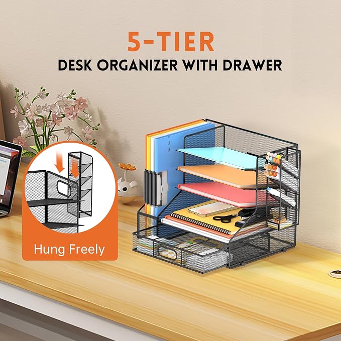 DALTACK Mesh Desk Organizer, 5-Tier Paper Letter Tray with File Holder & Pen Holder & Sliding Drawer, Desktop Organizer and Storage for Desk Accessories Office Supplies, Black
