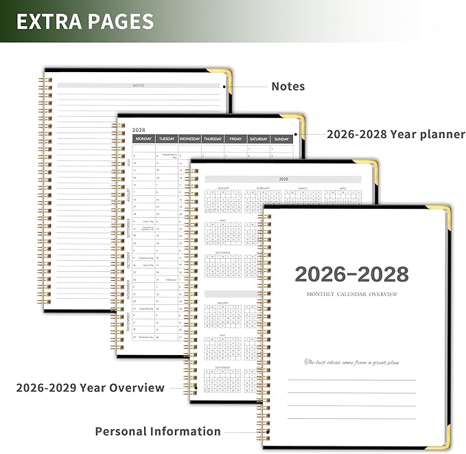 Monthly Planner 2026-2028, Hardcover with Metal Corner 3 year calendar 2026-2027-2028 Calendar Book from Jan 2026 - Dec 2028, 9“ x 11”, Spiral Bound,Organizer for Office, School, and Home, Black