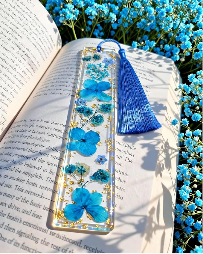 Buleens 2PCS Bookmarks for Women - Blue Book Marks for Readers Book Lovers, Personalized Handmade Dried Flower Resin Bookmark with Tassels, Pretty and Aesthetic