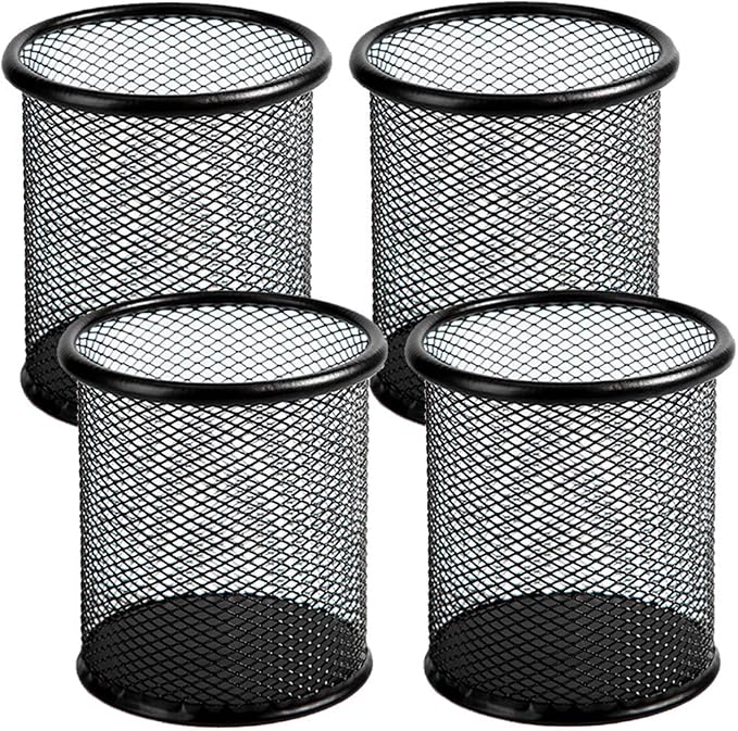 Ameceres 4 Packs Wire Mesh Pencil Holder Metal Pen Cup Desk Pen Organizer Case Pencil Jar Black for Office Home (Black)