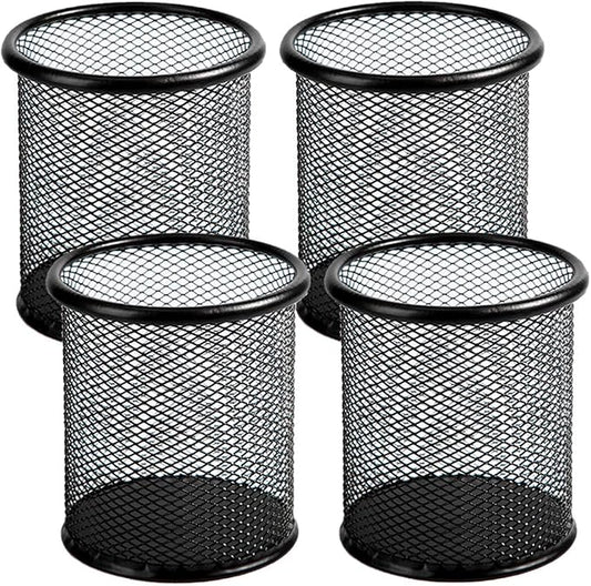 Ameceres 4 Packs Wire Mesh Pencil Holder Metal Pen Cup Desk Pen Organizer Case Pencil Jar Black for Office Home (Black)