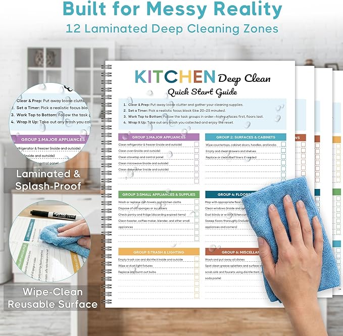ADHD Cleaning Planner for Adults - Blue Cover Edition. Undated Daily Weekly Monthly Quarterly Yearly Chore Tracker Checklist. Wipe-Clean PVC Spiral Notebook for Home Management & Family Routine Tasks
