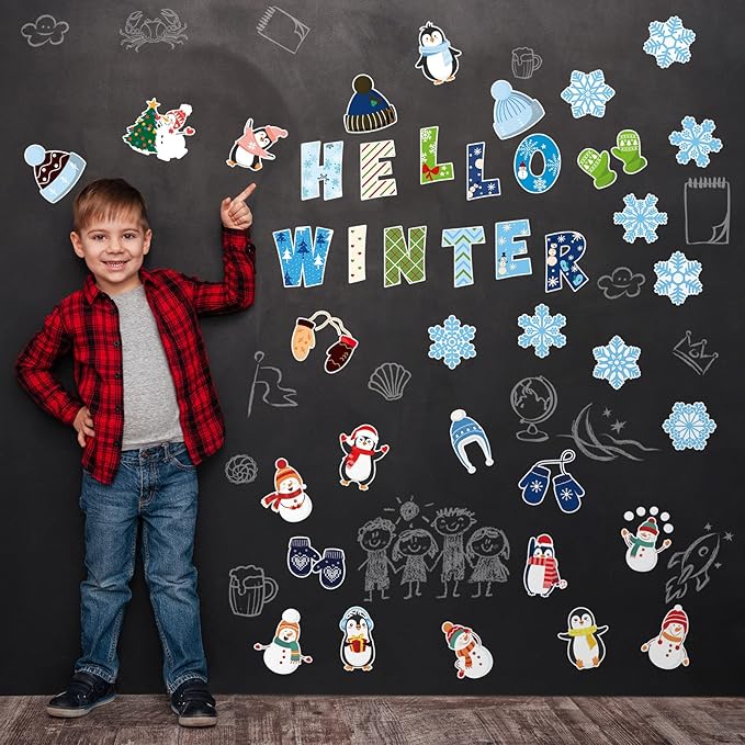Marspark 68 Pieces Winter Classroom Decoration Christmas Bulletin Border Decoration Hello Winter Cutouts Snowman Penguin Snowflake Wall Decor for School Classroom Christmas Party