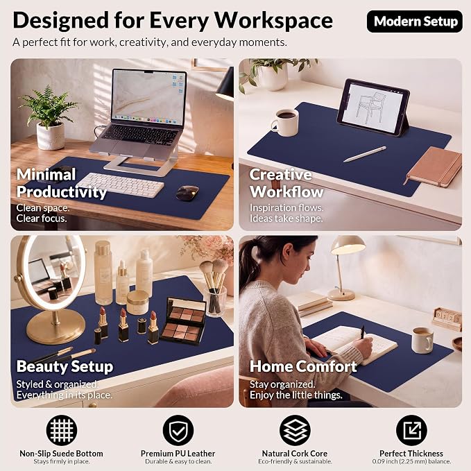 AFIING Cork Desk Mat, Sapphire Blue, 35.4" x 17" | Natural Cork & PU Leather, Non-Slip, Waterproof, Large Mouse Pad for Office, Home & Gaming