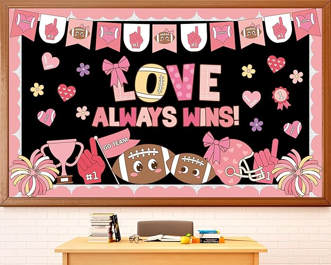 Valentine's Day Football Bulletin Board Valentine's Day Classroom Bulletin Board Pink Red Football Paper Cutouts Love Always Wins Classroom Decoration for School Home Office Chalkboard Wall Decor