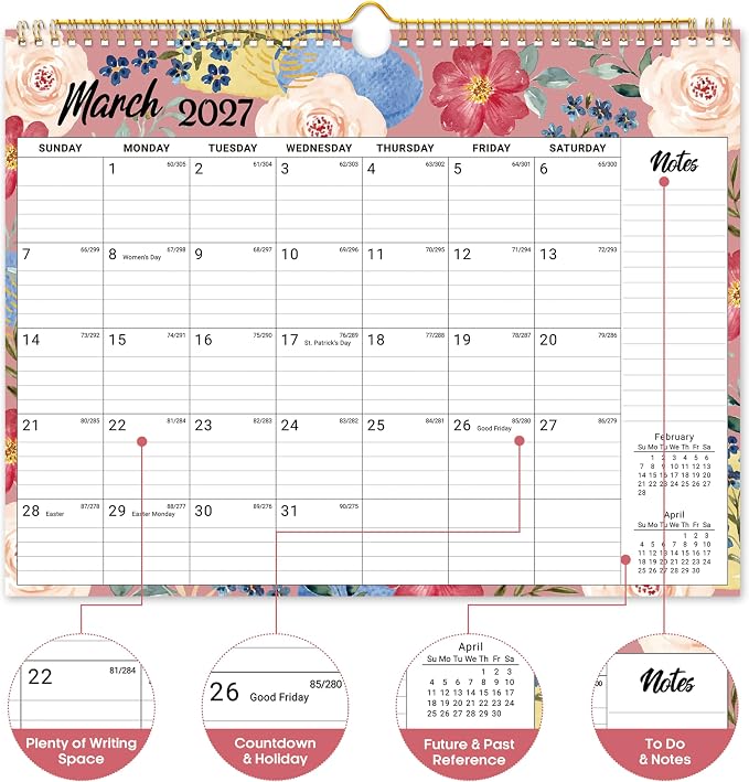Calendar 2026-2027, Monthly Wall Calendar from April 2026 to December 2027, 11.5" x 14.7", Spiral Binding Hanging Wall Calendar, Perfect for Home or Office,Botanic Whimsy