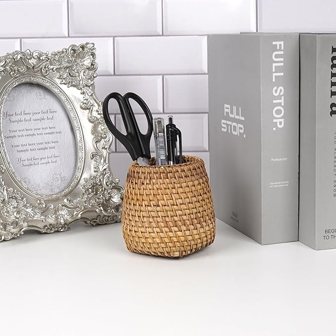 SHIDOW Handmade Rattan Pencil Holder, Wicker Pencil Holder, Tea Tools Holder, Tea Cup, Desk Cup Holder, Toothbrush Cup for Small Items, Office and home Desktop Organizer (Style B)