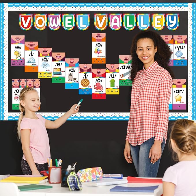 Vowel Valley Bulletin Board Set Back to School Classroom Decorations Sound Wall Phonics Poster Vowel Learning Cutouts Early Learning Kindergarten Elementary School Classroom Chalkboard Wall Door Decor