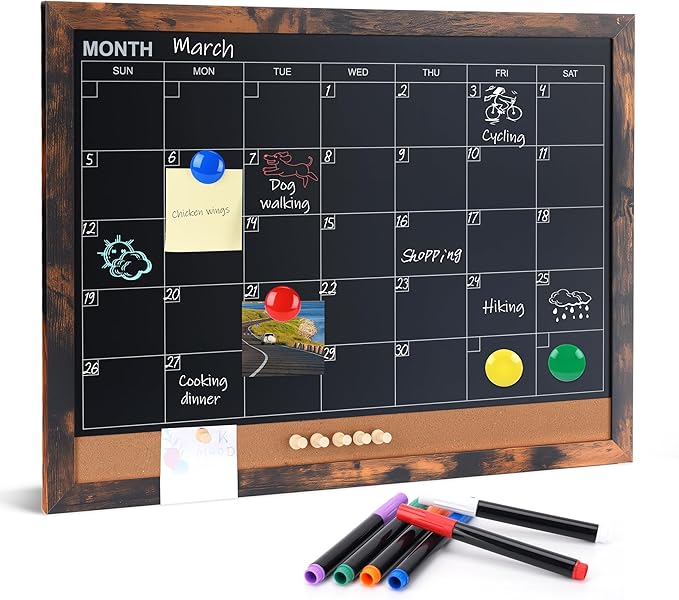 Chalkboard Calendar for Wall,13" x 17",Small Rustic Framed Magnetic Chalkboard & Cork Bulletin Board for Office Home School