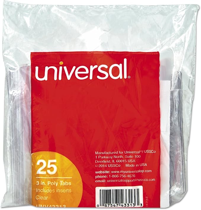 Universal Hanging File Folder Plastic Index Tabs, 1/3-Cut, Clear, 3.7" Wide, 25/Pack