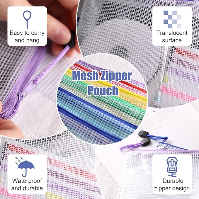 Koogel 5PCS Mesh Zipper Pouch Bags, A4 Zipper File Bags for Organizing Storage, Waterproof Plastic Pencil Pouches, Reusable File Bag for School, Office Classroom Organization Supplies, 5 Colors