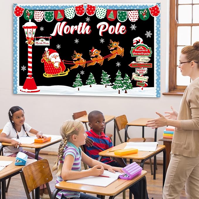 Christmas Bulletin Board Decoration Set North Pole Sign Classroom Decorations Santa Reindeer Xmas Elk Snowflakes Paper Cutouts for Winter Holiday Party School Classroom Home Chalkboard Wall Decor