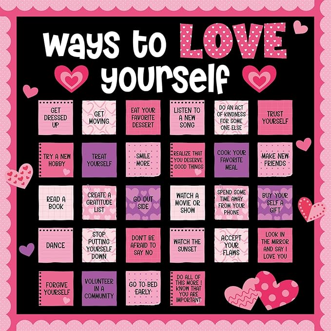Valentines Day Bulletin Board Decoration Ways to Love Yourself Cutouts Valentines Classroom Bulletin Board Positive Affirmation Station Supplies Pink Love Cut Outs for School Classroom Wall Decor