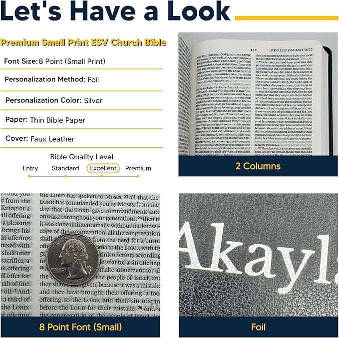 Custom Personalized Black ESV Bible | Small Text | Silver Customized Name | Faux Leather Premium Church Bible | English Standard Version Translation with Lay Flat Design