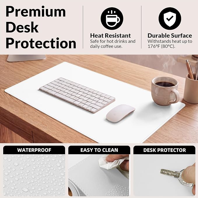 AFIING Cork Desk Mat, White, 31.5" x 17",Desk pad Protector | Dual-Sided Cork & PU Leather, Waterproof, Non-Slip, For Office & Gaming