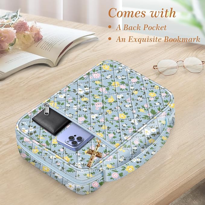 FINPAC Bible Cover, Carrying Book Case Church Bag Bible Protective with Handle and Zippered Pocket, Gift for Mother Lady Women, Floral Dusty Blue