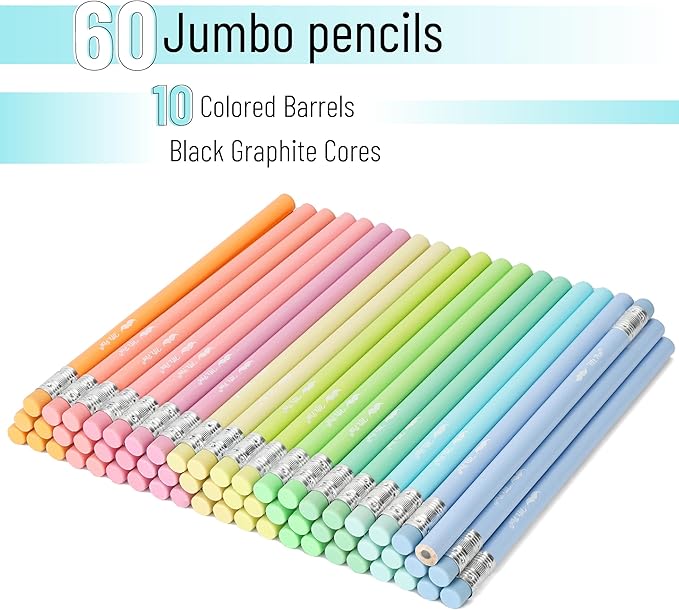 Mr. Pen- Jumbo Pencils, 60 pcs, Preschool Pencils, Large Pencil, Pastel Barrels and Black 2 HB Graphite Cores, Smooth Lead, Latex-Free Eraser Top with Metal Ferrule