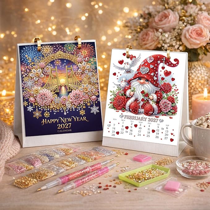 2027 Standing Desk Calendar DIY Diamond Art Painting Monthly Flip Dates Holiday Double-Sided Pattern Tabletop Calendars Diamond Art Craft Supplies Planner Office Home-Holiday