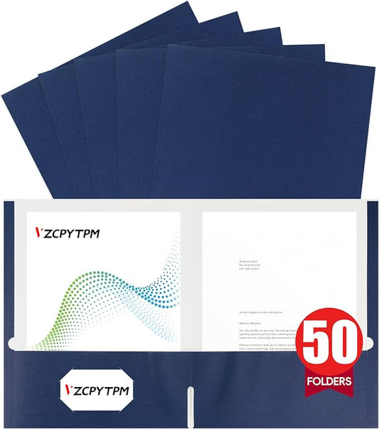 VZCPYTPM 50 Pack Navy Blue Folders with Pockets,2 Pocket File Folders for Letter Size (8.5 x 11 Inch),Professional Design with Business Card Slot for Office and School Organization