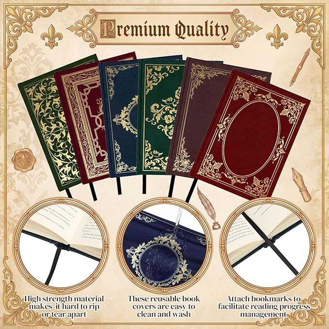 Gilprop 6 Pack Vintage Book Cover 9 x 11 in Jumbo Stretchable Book Cover for Most Hardcover Fabric Reusable Washable Protective Covers for Textbooks(Multicolor)